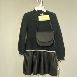 Rachel Zoe girls black glitter sweater with faux leather skirt dress & bag NWT